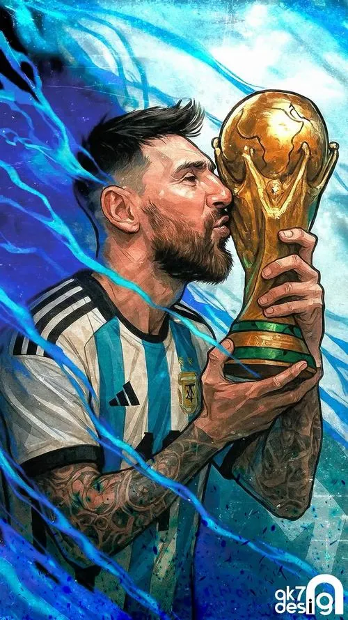4 Hình đẹp Messi hôn cúp thế giới, góc nghiêng cận mặt, ánh kim phản chiếu trên cúp.