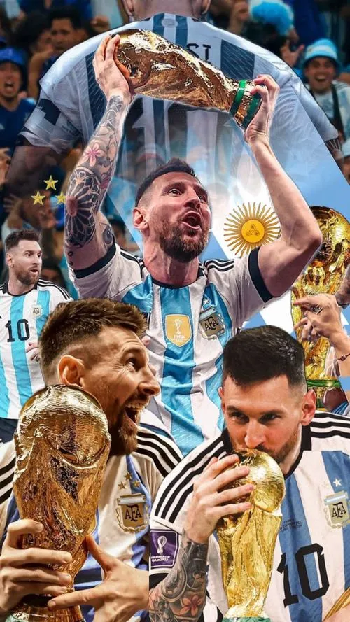 5 Hình nền Messi giơ cao cúp World Cup, đồng đội reo hò, mưa pháo giấy bay dày phía sau.
