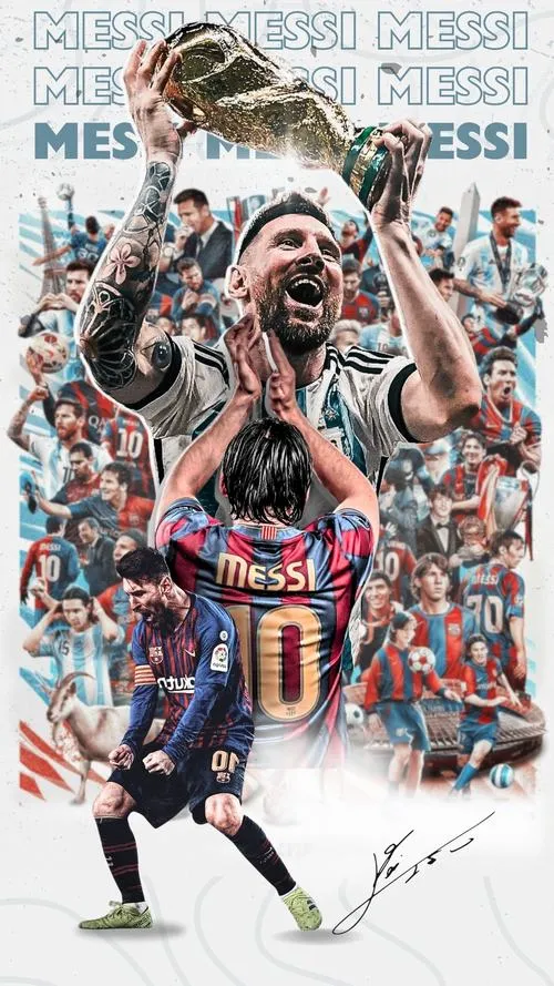 7 Hình nền điện thoại Messi nâng cúp vô địch, poster chữ phủ nền, không khí vỡ òa quanh anh.