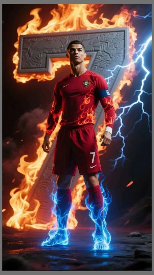 29 Tải ảnh Ronaldo cầm cúp trên sân, ánh sáng tối sâu, không khí vinh quang rất đẹp