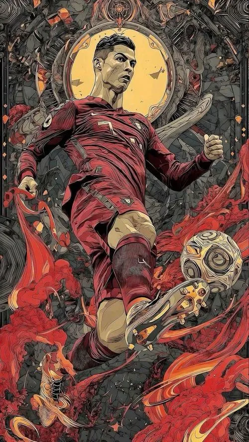 1 Hình Ronaldo Bồ Đào Nha phong cách tranh vẽ, bay người giữa nền đỏ rực, nhìn rất ngầu