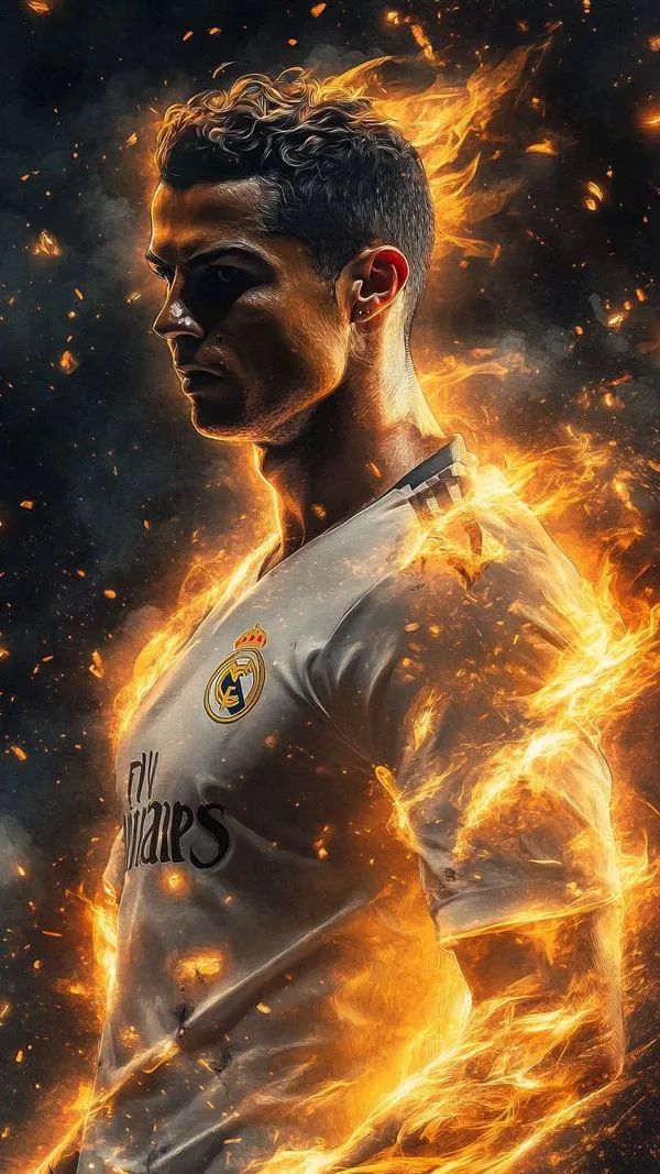 14 Hình nền điện thoại CR7 cận cảnh ánh mắt tập trung, nền khói bụi, tương phản mạnh rất đẹp