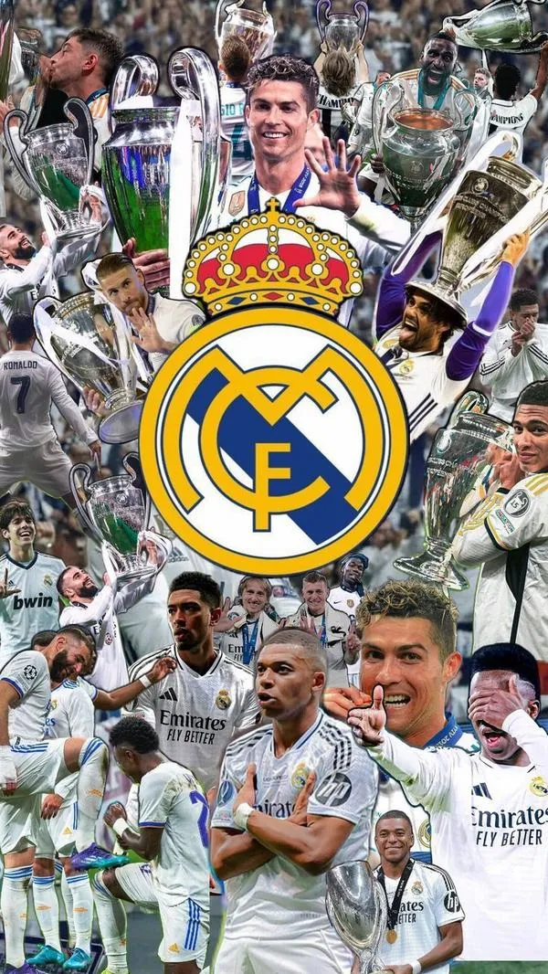 2 Ảnh nền Real giai đoạn Ronaldo cùng huy hiệu câu lạc bộ, tông trắng xanh sạch, dễ dùng hằng ngày