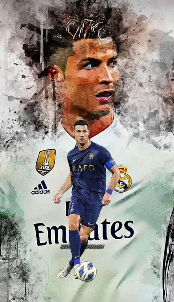 20 Ảnh nền Ronaldo áo trắng sút xa, hiệu ứng hạt bụi ánh sáng, nhìn vào thấy bùng nổ cảm xúc