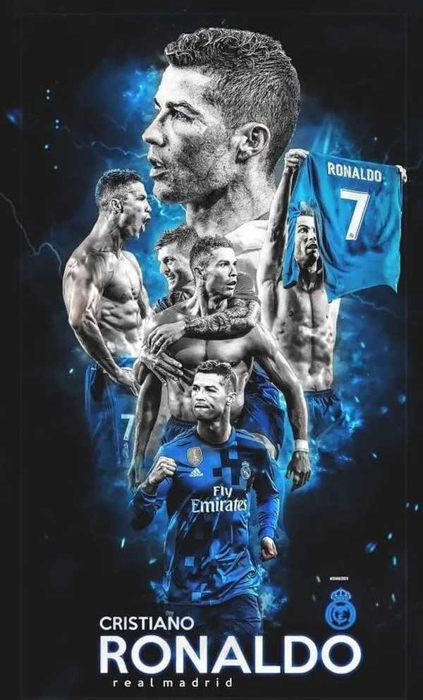 29 Hình nền Ronaldo áo trắng số 7 trên Bernabéu, tông trắng xanh, vibe chiến thắng bùng nổ