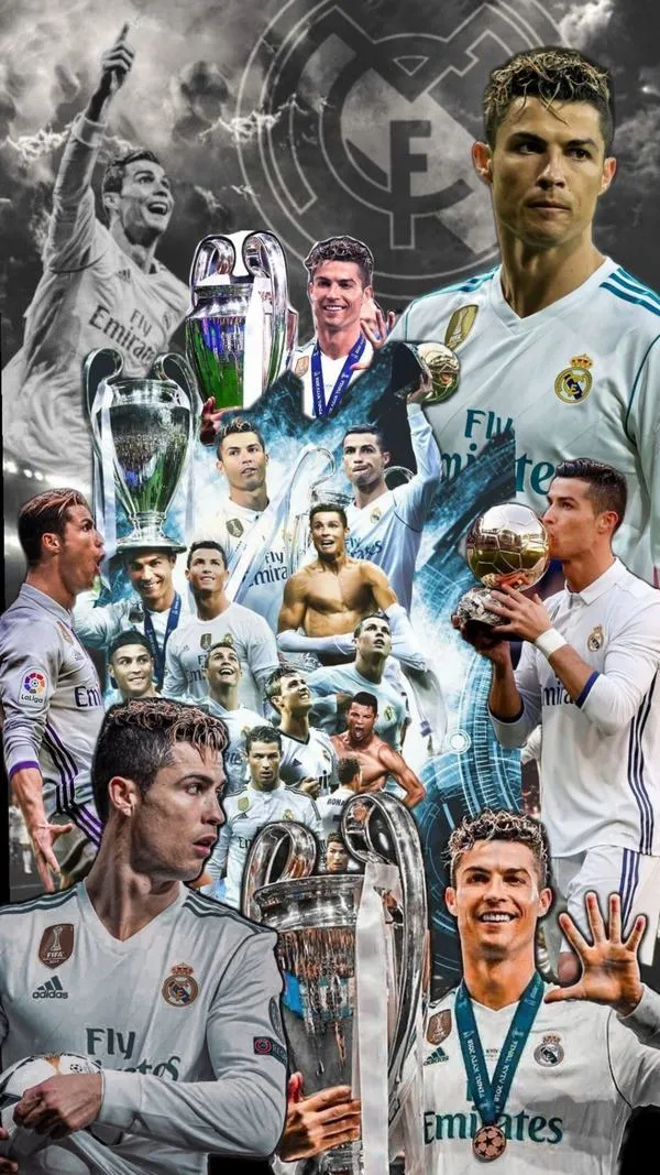 7 Ảnh bìa CR7 bên cúp châu Âu, ánh sáng viền mỏng, vibe vinh quang châu Âu rõ rệt