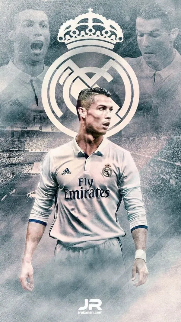 9 Hình nền Ronaldo Real Madrid phối đen trầm, bóng đổ nổi khối, logo câu lạc bộ vừa đủ sang