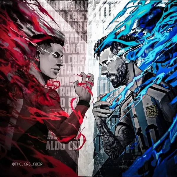 14 Ảnh nền Ronaldo Messi dạng tranh đối đầu đỏ xanh, hiệu ứng vỡ nét, hợp ảnh bìa ngầu