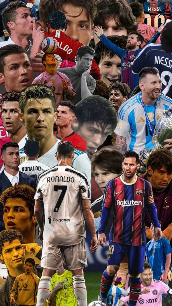 1 Hình nền Ronaldo và Messi dạng collage đông khoảnh khắc, tông rực, hợp màn hình máy tính đẹp