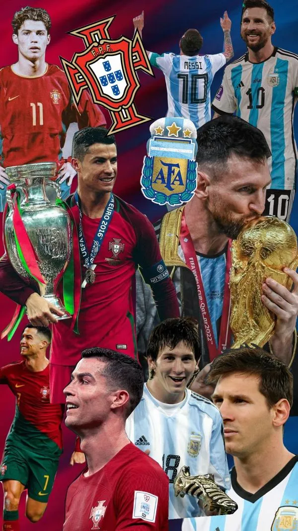 2 Ảnh nền Ronaldo Messi với Messi áo Barca nổi bật giữa khung, màu đỏ xanh ngầu cho ảnh bìa