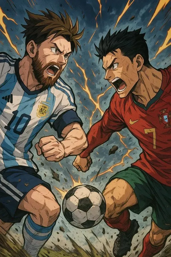 5 Hình nền Ronaldo Messi minh họa đối đầu, nét vẽ mạnh, bóng ở giữa, cảm giác căng ngầu