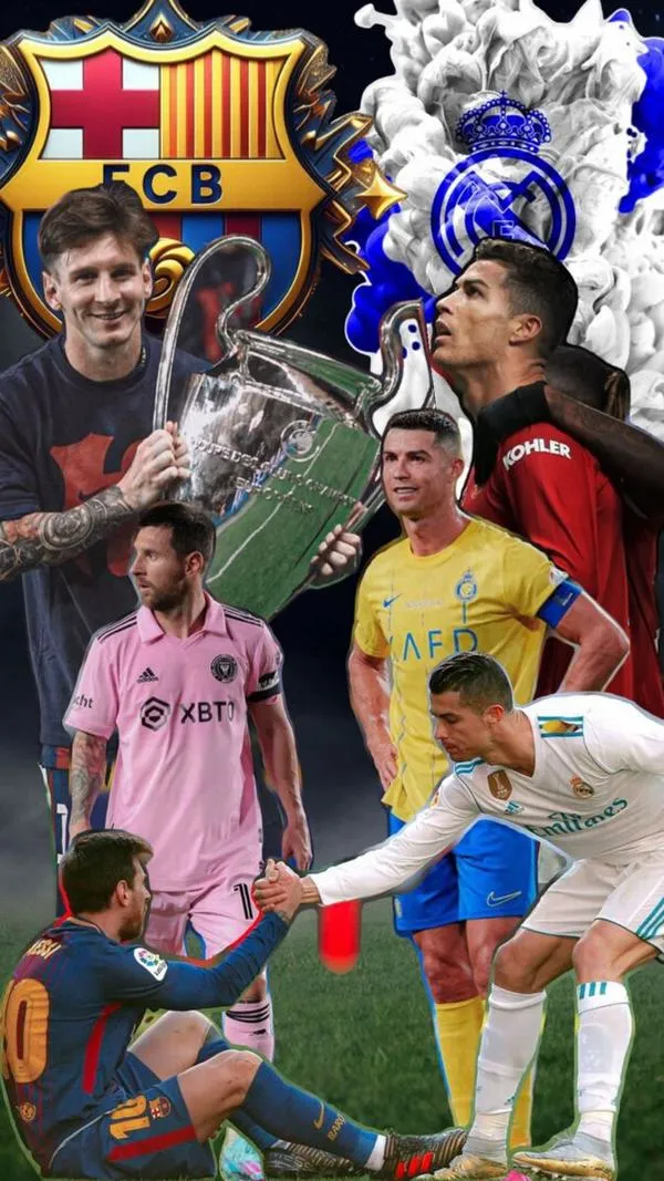 9 Hình nền Ronaldo Messi với nhiều cầu thủ Barca chồng lớp, không khí trận lớn, màu sắc ngầu