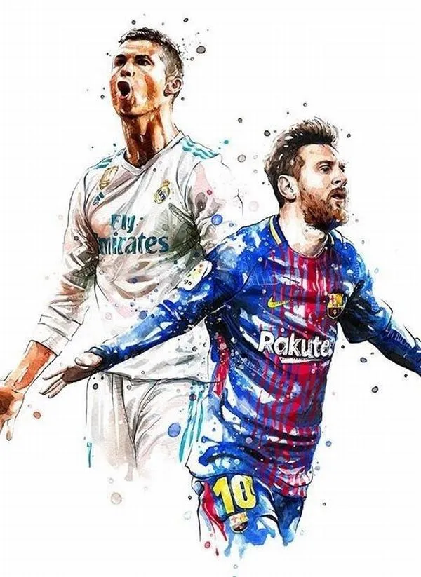 17 Ảnh nền Ronaldo và Messi kiểu splash mực, dáng chạy nổi bật, nền trắng, cảm giác đẹp