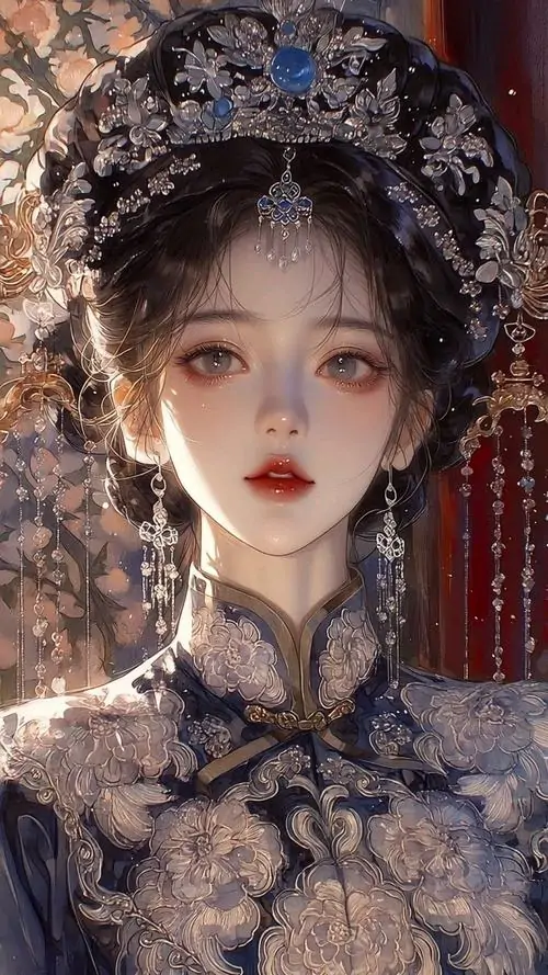 1 Chân dung thiếu nữ hoạt họa nhìn thẳng, gương mặt trắng sứ, môi son nhạt, bộ áo thêu xanh đen phủ hoa nổi, trâm cài dày trên tóc tạo vẻ tinh xảo như quý nữ trong đêm yến cổ cung