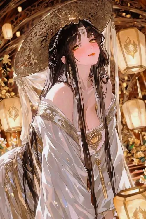 12 Trong bức minh họa manhua, thiếu nữ khoác áo lụa trắng đứng giữa gian phòng dát vàng, bàn tay chạm nhẹ vành nón, tóc đen xõa xuống vai, vẻ cổ phong hòa cùng sắc nhìn lãng mạn như một khoảnh khắc chờ ai