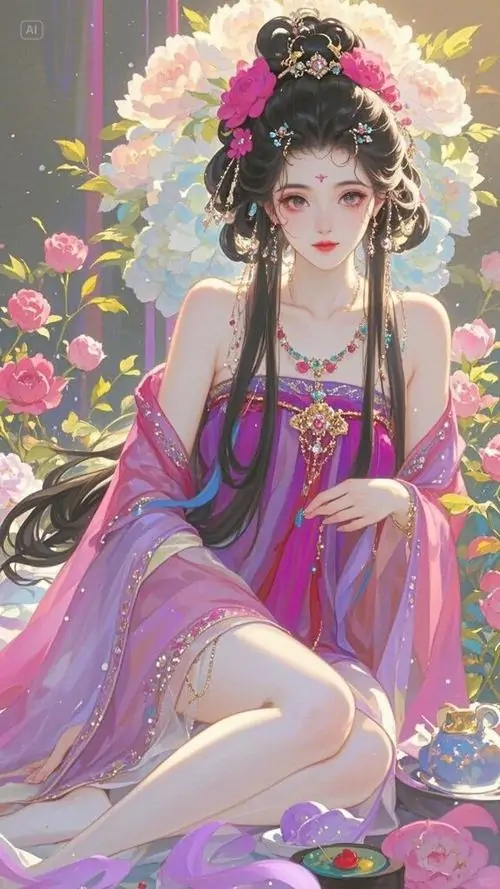 14 Hình ảnh hoạt họa ghi lại cô gái áo tím hồng ngồi giữa cụm hoa nở, mão đầu xếp tầng cầu kỳ, làn da sáng trong, tổng thể mềm mại nhưng vẫn thần thái trưởng thành như một tiên nữ bước ra từ truyện xưa