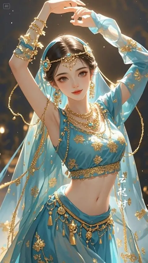 15 Ảnh kiếm hiệp hoạt họa khắc họa vũ nữ trẻ trong y phục lam ngọc để hở eo, hai tay giơ cao giữa vòng sáng, đai lưng đính vàng rung nhẹ, sắc xanh ngọc làm thân hình trông uyển chuyển và tươi mắt