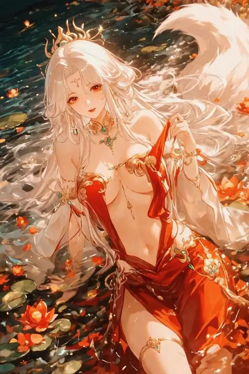 16 Bức minh họa cổ trang vẽ thiếu nữ tóc vàng trong váy cam đỏ ngồi giữa biển hoa sáng rực, cơ thể nghiêng nhẹ, làn vải ôm theo cử động rất mềm mại, không khí mộng mị như một giấc mơ mùa hạ