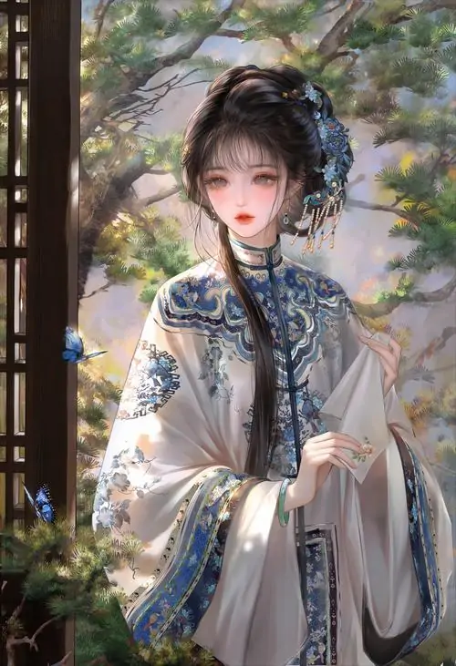 17 Khung tranh hoạt hình ghi lại cô gái áo lam trắng đứng ở thềm cửa, tay giữ ống tay rộng, sau lưng là khoảng vườn xanh mờ và khung gỗ cũ, nét đình viện cùng màu trắng ngà tạo cảm giác nền nã