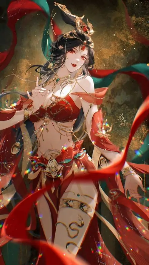 18 Ảnh manhua cổ trang khắc họa thiếu nữ mặc đồ múa đỏ lục với mũ đội cầu kỳ, vòng tay vàng và dải lụa uốn quanh người, bố cục gợi ảnh mỹ nhân cổ phong pha chút ngũ sắc truyền thống rất bắt mắt