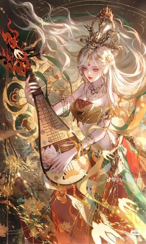 2 Bức minh họa cổ trang ghi lại thiếu nữ tóc vàng ôm tỳ bà giữa luồng sáng xoáy, váy áo vàng kem bay rộng, nền họa tiết cổ điển phủ hiệu ứng thủy mặc khiến dáng người trở nên thoát tục và linh động