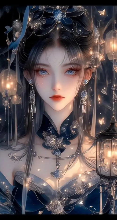 20 Chân dung minh họa cận mặt cho thấy thiếu nữ tóc xanh đen, mắt long lanh, môi nhỏ và áo thêu lam sẫm, các hạt sáng quanh nền tối làm thần thái thanh lãnh trở nên tinh xảo như tượng ngọc dưới đêm