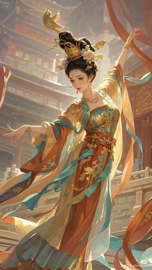 25 Bức hình vẽ donghua cổ trang bắt khoảnh khắc cô gái đứng quay lưng bên ban công cao, tóc xõa đậm màu, cổ tay áo ôm gọn cánh tay, phía ngoài mây sương pha nắng làm khung cảnh vừa xa vừa chênh chao