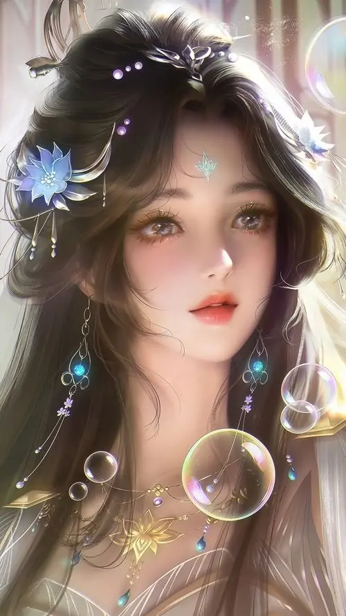 27 Thiếu nữ mặc áo trắng nhiều lớp đứng yên dưới nền tối, mái tóc dài rủ xuống cùng tua ngọc và hoa cài, toàn bộ bố cục gợi vẻ Thiên Quan Tứ Phúc với sự sạch trong và lạnh xa rất riêng