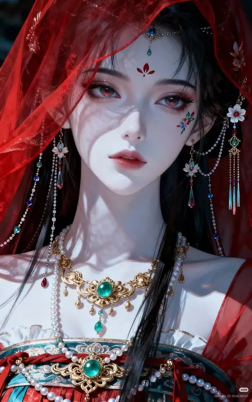 28 Cô gái áo đỏ ngồi lệch người giữa rèm lụa và ánh lửa, hai tay nâng dải vải như đang múa lễ, tà áo nhiều lớp bung rộng khiến bức hoạt họa mang nhịp chuyển động mạnh mà vẫn sang