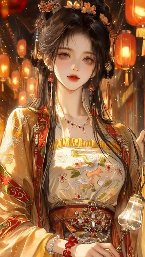 3 Trong ảnh manhua cổ trang, cô gái đứng dưới ánh đèn ấm với Hán phục vàng cam thêu hoa, mắt long lanh, má ửng nhẹ, sắc đỏ son từ lồng đèn phía sau làm khung hình vừa gần gũi vừa kiêu sa