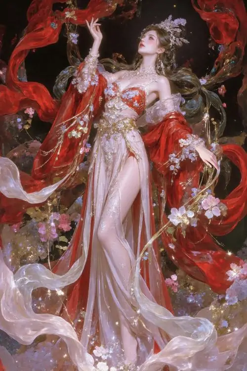 30 Mỹ nhân áo xanh trắng xuất hiện giữa nền lá mờ như vừa bước ra sau màn trúc, gương mặt sáng và mềm, đường tóc bay nhẹ, không khí tranh cổ phong nghiêng về vẻ dịu hiền hơn là bi kịch