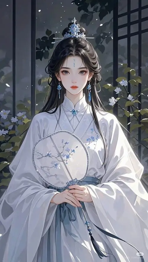 33 Thiếu nữ tóc vàng trong váy cam đỏ ngồi giữa hoa lá rực lên như ngọn lửa, đường viền cơ thể mềm và sáng, nền ảnh phủ hơi sương làm tổng thể gần với một giấc mơ cổ phong huyền ảo