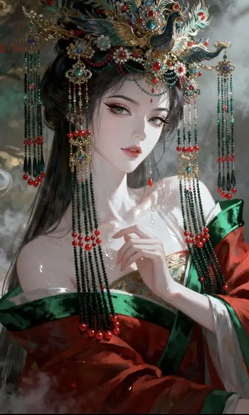 34 Vũ nữ lam ngọc giơ hai tay dưới quầng sáng tròn, eo thắt gọn, vòng tay và chuỗi ngọc bắt sáng, cách dựng dáng khiến người xem liên tưởng đến ảnh tiên hiệp 3D dù chất liệu vẫn thiên về tranh vẽ