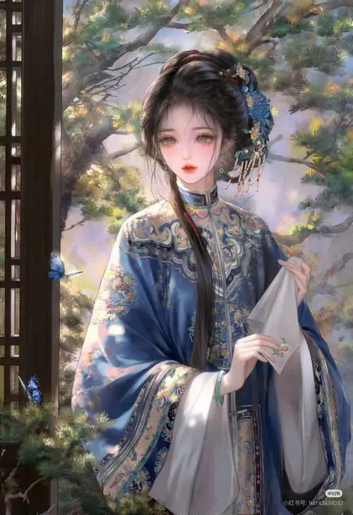 35 Thiếu nữ áo tím hồng ngồi giữa tầng hoa nở rực, đầu đội mão cao, tay đặt nhẹ lên váy, bức hình mang vẻ thanh thoát của một nàng tiên hồ thủy tạ với điểm nhấn là cụm hoa sen quanh ghế