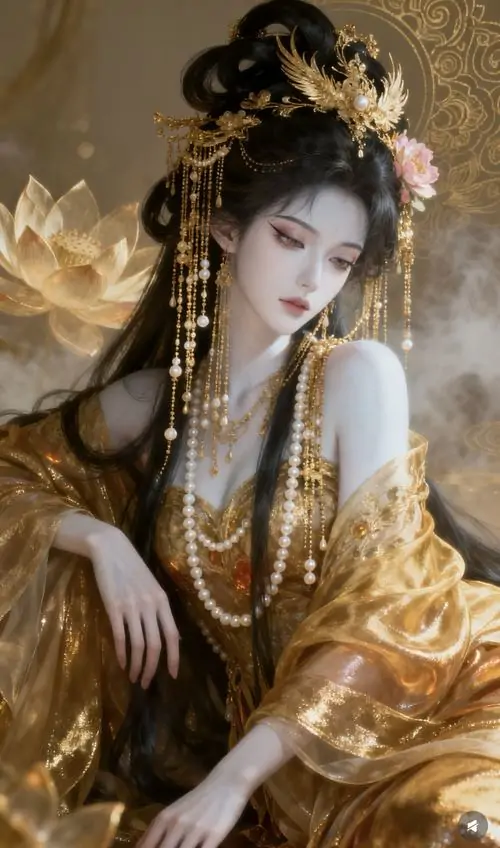 38 Cô gái áo lam trắng đứng ngay ngưỡng cửa gỗ, bàn tay thu nhẹ ống tay rộng, sau lưng là khu vườn nhòe xanh như sương núi lẫn trong nắng sớm, dáng đứng kín đáo mà rất có hồn