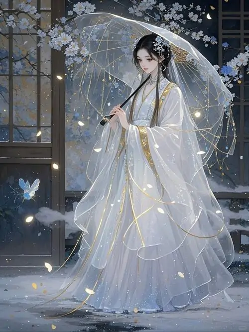 39 Nhân vật mặc đồ múa đỏ lục đội mũ vàng cao, thân người nghiêng theo dải lụa và trang sức phủ dày, khung hình mang sắc thái mỹ nhân cổ phong hòa cùng vẻ lễ hội của một vở diễn cung đình