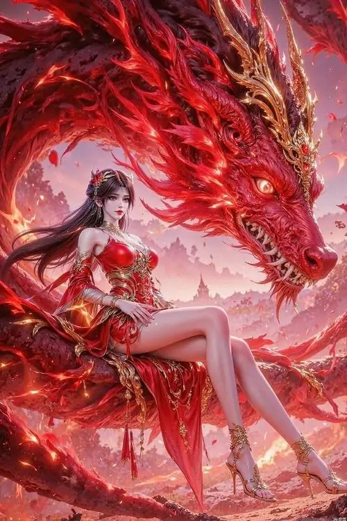 4 Khung tranh hoạt hình khắc họa mỹ nhân váy đỏ ngồi giữa đuôi rồng cuộn lửa, bầu trời nhuộm sắc hồng rực, chất tiên hiệp hiện rõ qua thần thái bình tĩnh mà bi tráng như đang chờ một trận chiến lớn