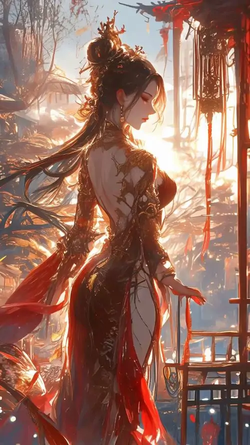 5 Hình vẽ donghua cổ trang bắt lấy dáng thiếu nữ xoay nghiêng bên khung cửa, tóc dài tung gió, lưng áo đỏ sẫm ôm mảnh, phía xa lầu các chìm nắng muộn gợi cảm giác cô tịch và kín đáo