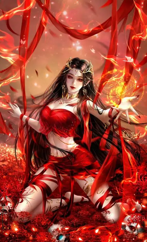 6 Bức tranh cổ phong vẽ cô gái áo đỏ ngồi giữa dải lụa và cành khô rực lửa, gương mặt lạnh, đôi chân thon nổi bật, tà áo bay quấn quanh ghế tạo vẻ huyền bí như một yêu nữ vừa thức giấc