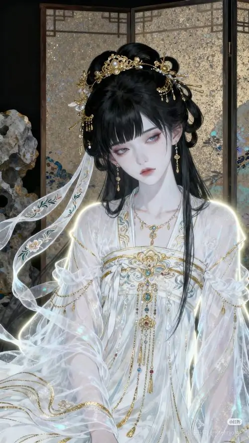 7 Ảnh hoạt họa cổ trang Trung Hoa cho thấy thiếu nữ tóc đen búi cao đứng trong gian phòng tối, lớp áo trắng ngà phủ ren bạc, ánh nhìn khẽ nghiêng mang nét thanh lãnh và mong manh như sương đầu đông