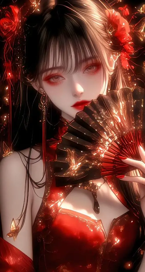 9 Chân dung tranh vẽ cô gái mặc y phục đỏ ôm sát, nghiêng đầu che nửa mặt bằng quạt, mái tóc đen đổ xuống vai, đôi mắt sắc phát sáng khiến khung hình đen mực toát lên vẻ cuốn hút đầy nguy hiểm