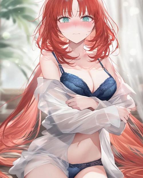 26 Một nhân vật anime nữ nóng bỏng với ngực tròn đầy và biểu cảm ngại ngùng khiến bức tranh sinh động