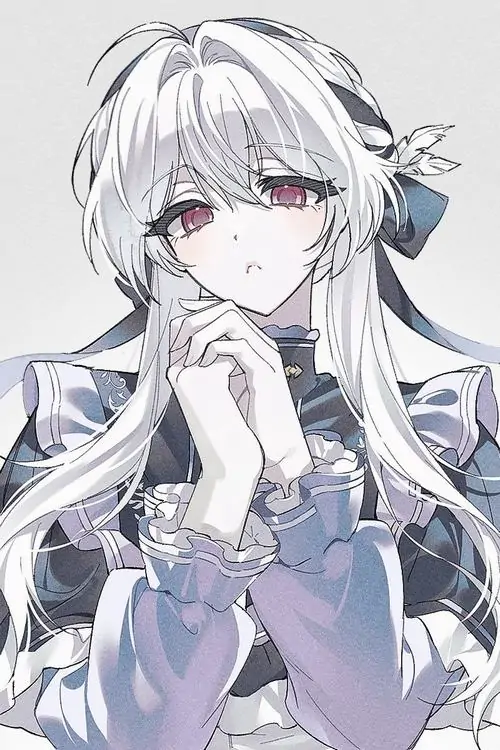 19 Hình nền anime cô gái tóc bạc xám chắp tay trước ngực, đường nét thanh và trong trẻo, bảng màu lạnh giúp gương mặt nổi bật theo kiểu nhẹ mà cuốn, thích hợp làm hình nền anime moe cho màn hình tối giản