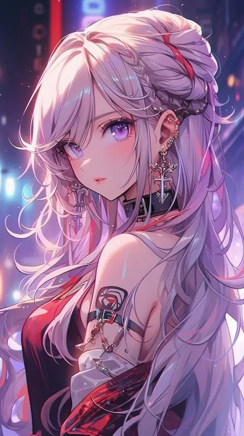 2 Thiếu nữ tóc tím hồng phát sáng trong khung cảnh đêm, mái tóc bồng mềm ôm mặt và hiệu ứng màu làm ảnh đẹp như poster fantasy, rất hợp người thích hình anime nữ đáng yêu có chút huyền ảo và nổi bật