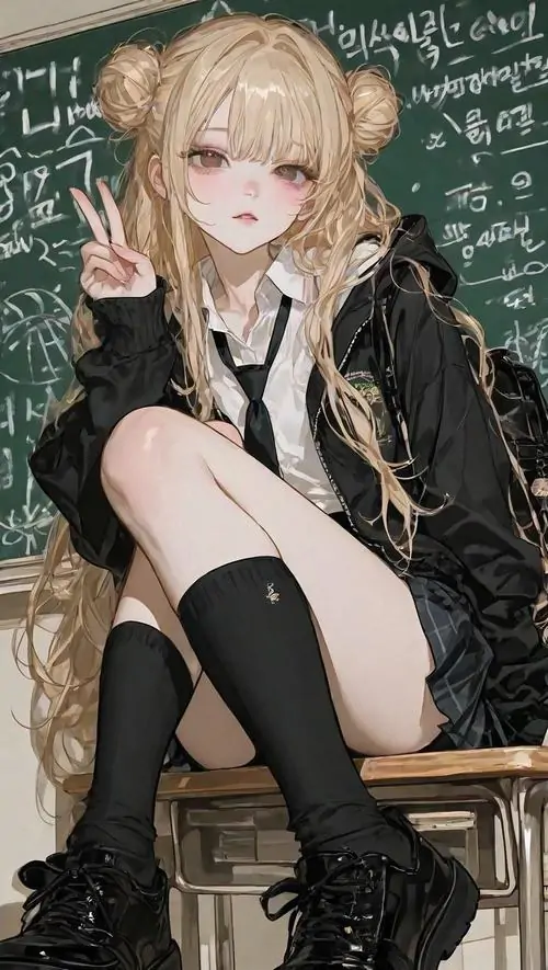 9 Nàng tóc vàng mật ong ngồi ghế gỗ với áo khoác đen và bốt cao, khí chất chững chạc hơn nhưng vẫn sáng màu vừa đủ, gợi cảm giác ảnh minh họa phong cách Nhật pha chút thời trang đường phố rất cuốn
