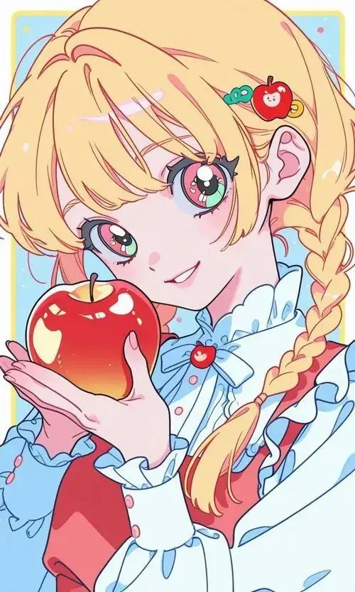 21 Cô nàng tóc vàng tết bím cầm quả táo đỏ, mắt xanh tròn và miệng tối giản làm bức ảnh mang nét vui nhộn, nhìn như một trang truyện thiếu nữ sáng sủa dành cho người thích anime nữ dễ thương