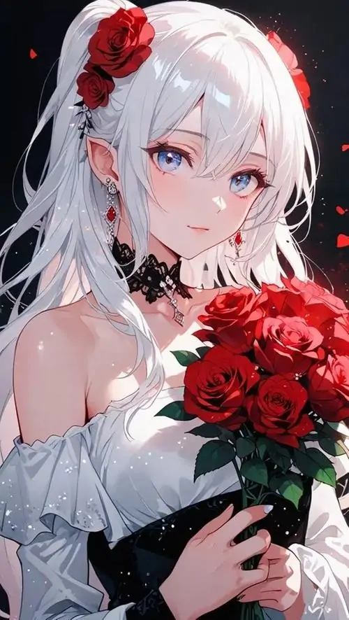 10 Cô gái tóc trắng ôm bó hồng đỏ trước nền đen, trang phục trễ vai và gương mặt lạnh tạo cảm giác vừa đẹp vừa quyến, nhưng ánh nhìn vẫn đủ mềm để giữ chất cute theo kiểu waifu trưởng thành