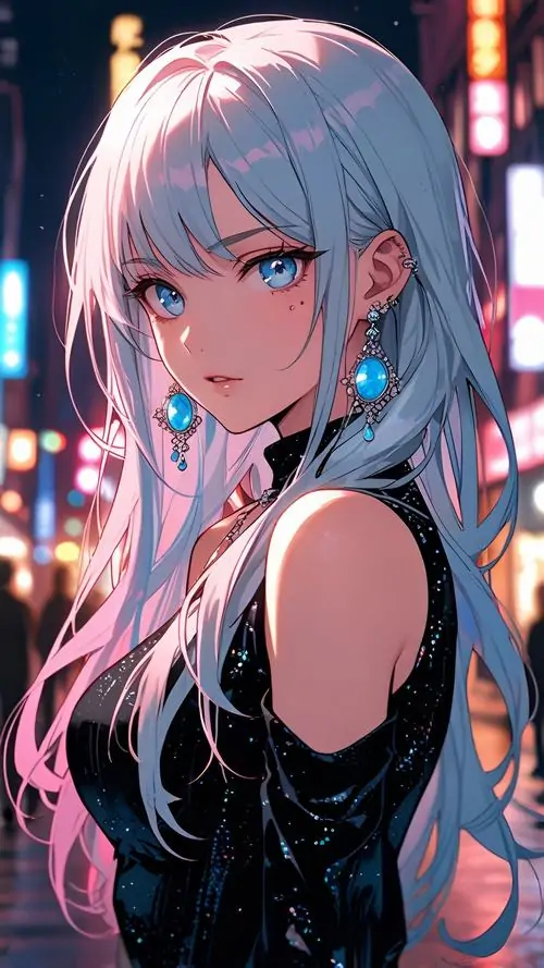 7 Thiếu nữ tóc xanh bạc đứng giữa đèn phố đêm, áo đen ôm dáng làm tổng thể sắc hơn, nhưng ánh mắt vẫn thân thiện và cuốn, phù hợp làm hình anime nữ đáng yêu cho người thích vẻ hiện đại có chút lạnh