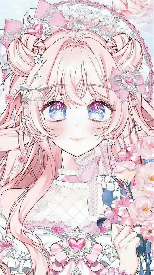 6 Ảnh anime cô gái tóc hồng đội vòng ren hoa, đôi mắt to tròn ánh xanh lấp lánh, gương mặt sáng và cute như búp bê, khung dọc nhẹ tênh rất hợp làm avatar anime nữ xinh xắn cho người mê vẻ mơ mộng