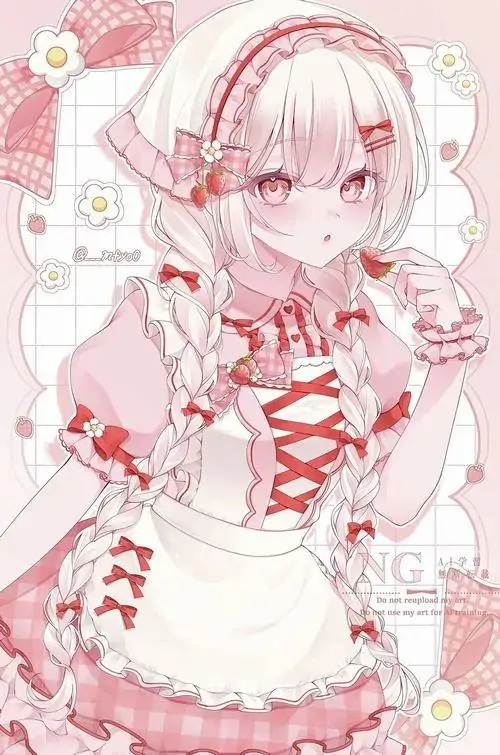 23 Hình anime nữ cô bé line art hồng nhạt trong váy ren buộc nơ, đường nét tròn và bố cục nhẹ khiến khung ảnh trông cực dịu dàng, rất hợp ai mê ảnh anime nữ cute kiểu tiểu thư bánh ngọt